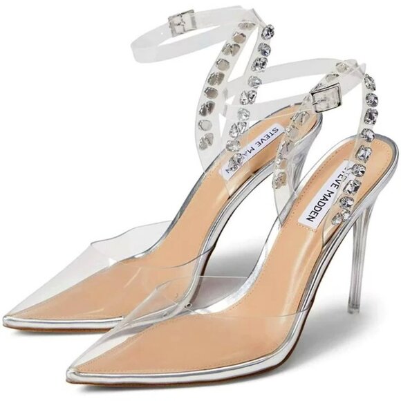 New STEVE MADDEN Vary Clear & Silver Rhinestone Ankle Strap Stiletto Pumps 7.5 - Picture 1 of 6